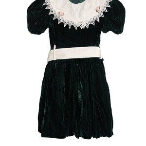 Vintage Size 5 Girls Green Velvet Dress With Lace Collar & Floral Accents